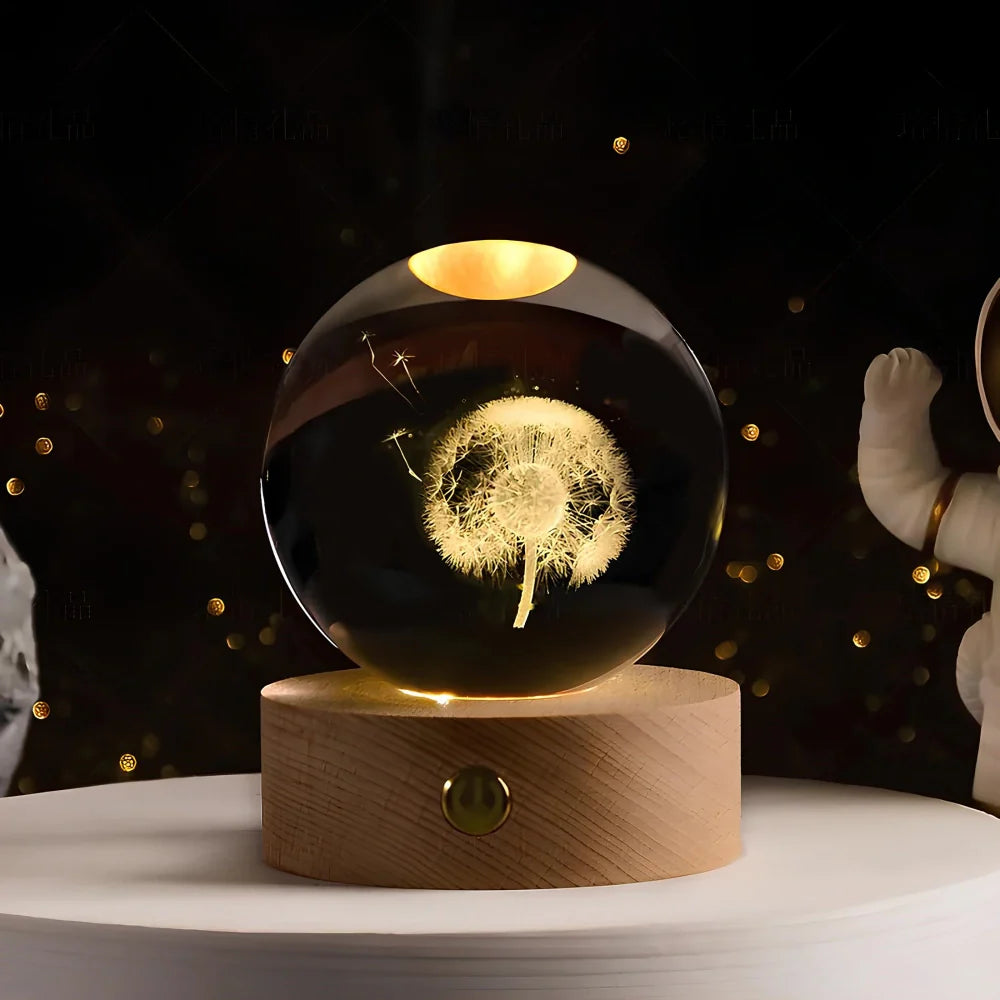 Celestara Kristall Lampe | 3D Planetenlampe mit LED & Holzsockel