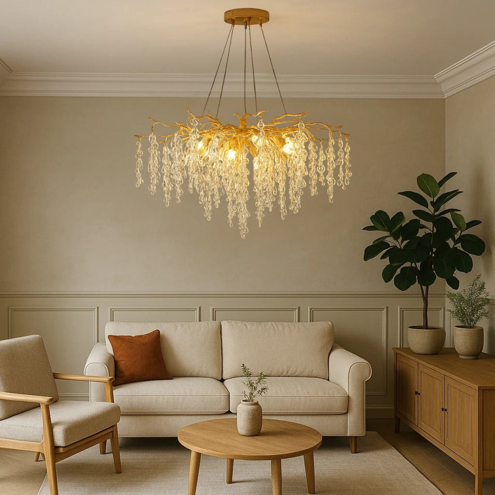 Suspension Elyndria | G9 LED 3000K Câble Réglable 100 cm | Gouttes Verre & Aluminium