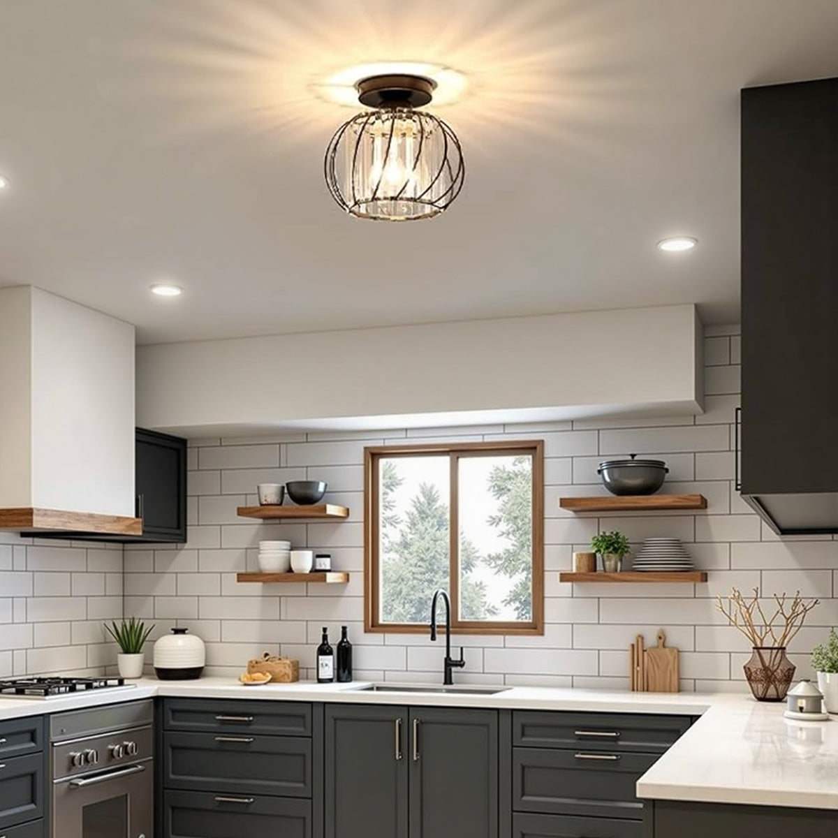 Plafonnier Orlitha | LED 12W 3CCT 3000K–6000K | Métal & Cristal Noir Élégant