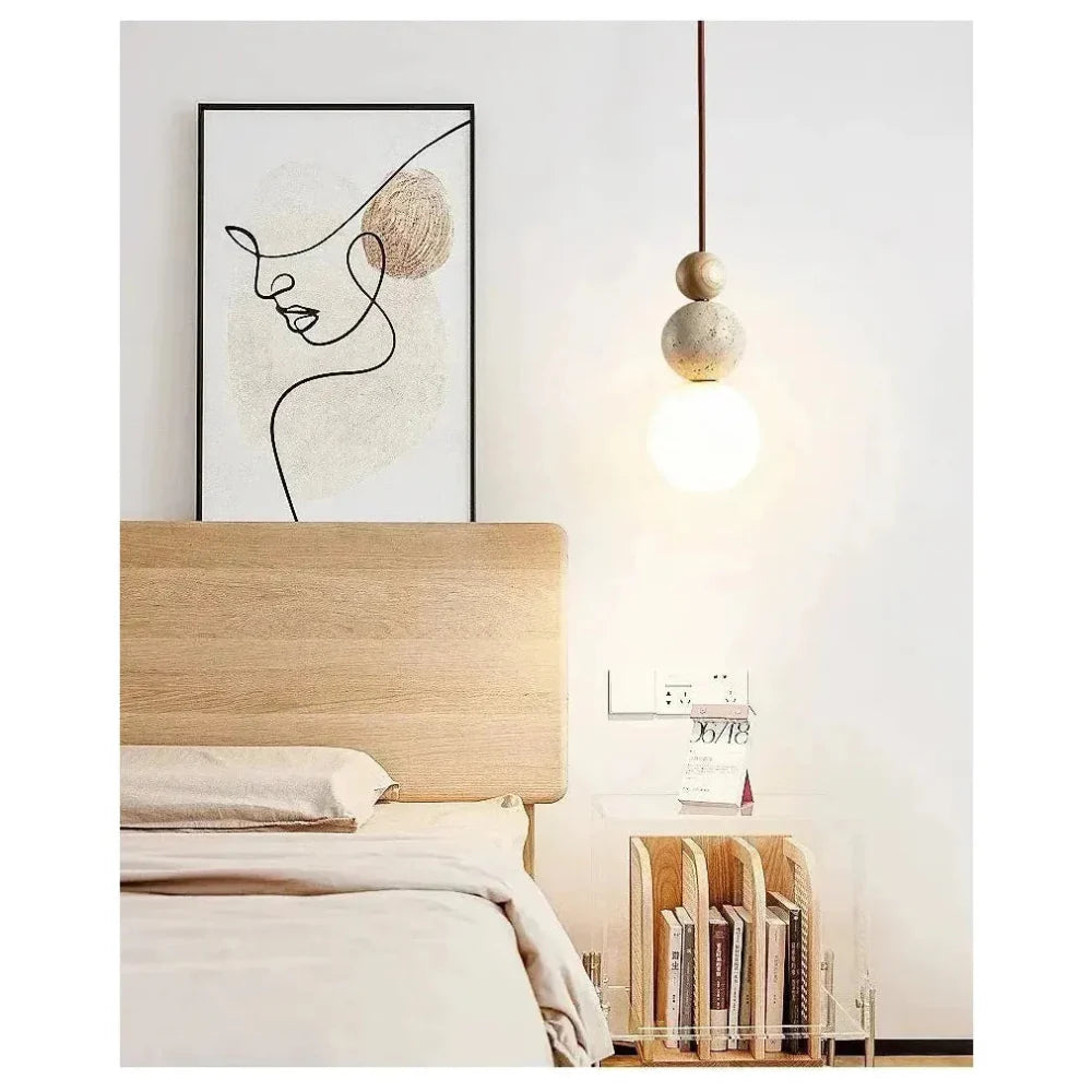 Suspension Teralume | Douille G9 Réglable 100 cm | Travertin, Verre & Bois Japandi