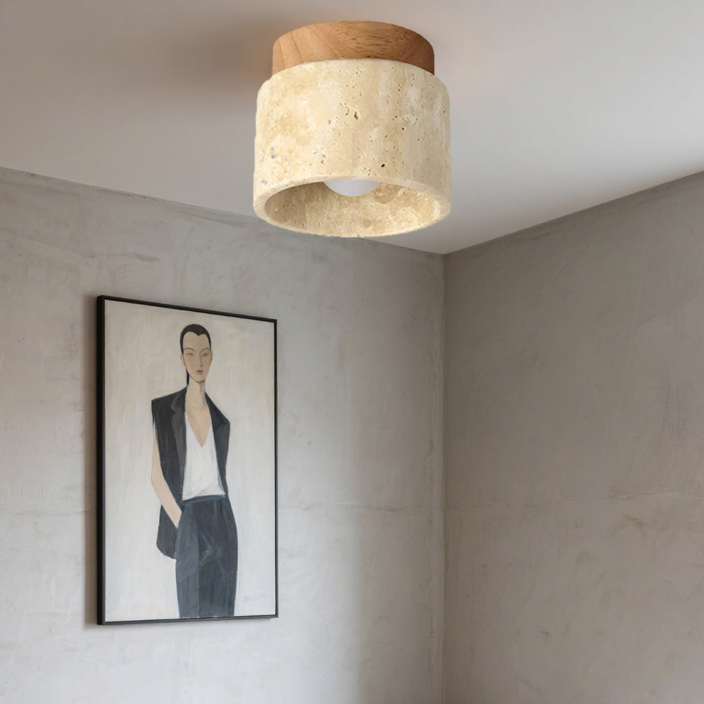 Plafonnier Norvessa | E27 3000K Blanc Chaud | Travertin & Bois Massif Naturel