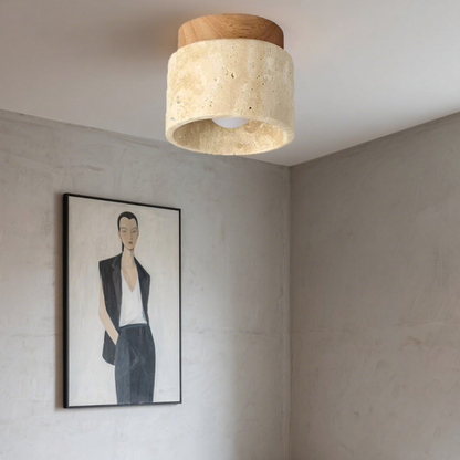 Plafonnier Norvessa | E27 3000K Blanc Chaud | Travertin & Bois Massif Naturel