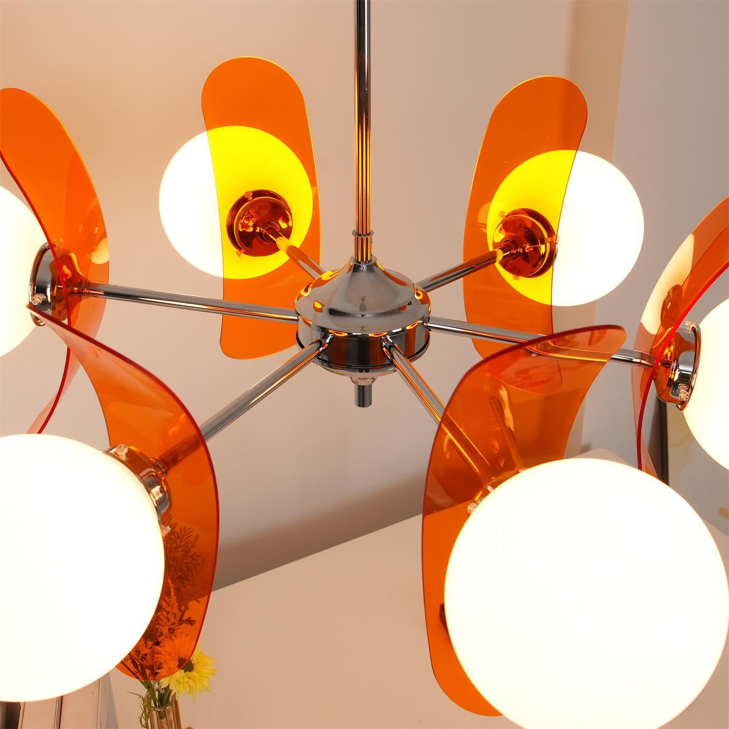 Suspension Oranvéra | Douille E26/E27 IP20 | Fleur Verre & Métal Chrome Brun/Orange