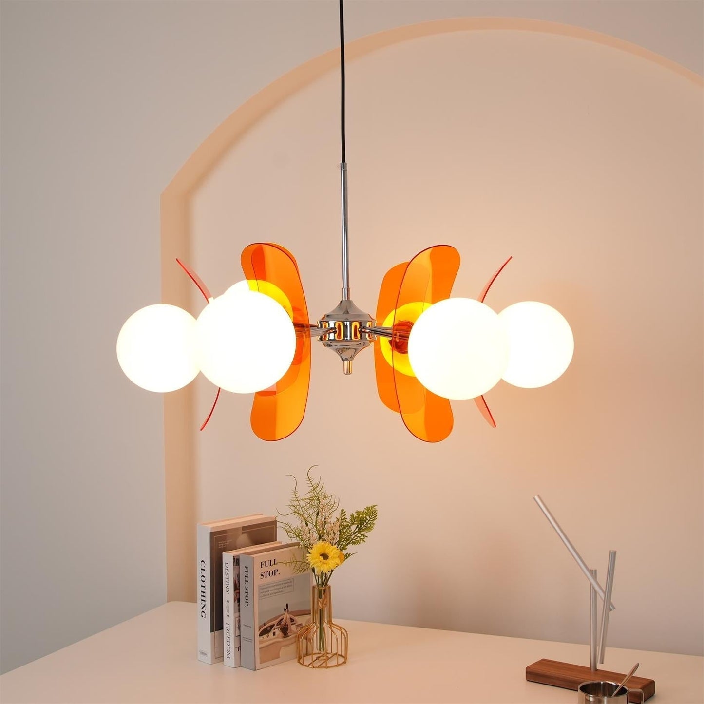 Suspension Oranvéra | Douille E26/E27 IP20 | Fleur Verre & Métal Chrome Brun/Orange