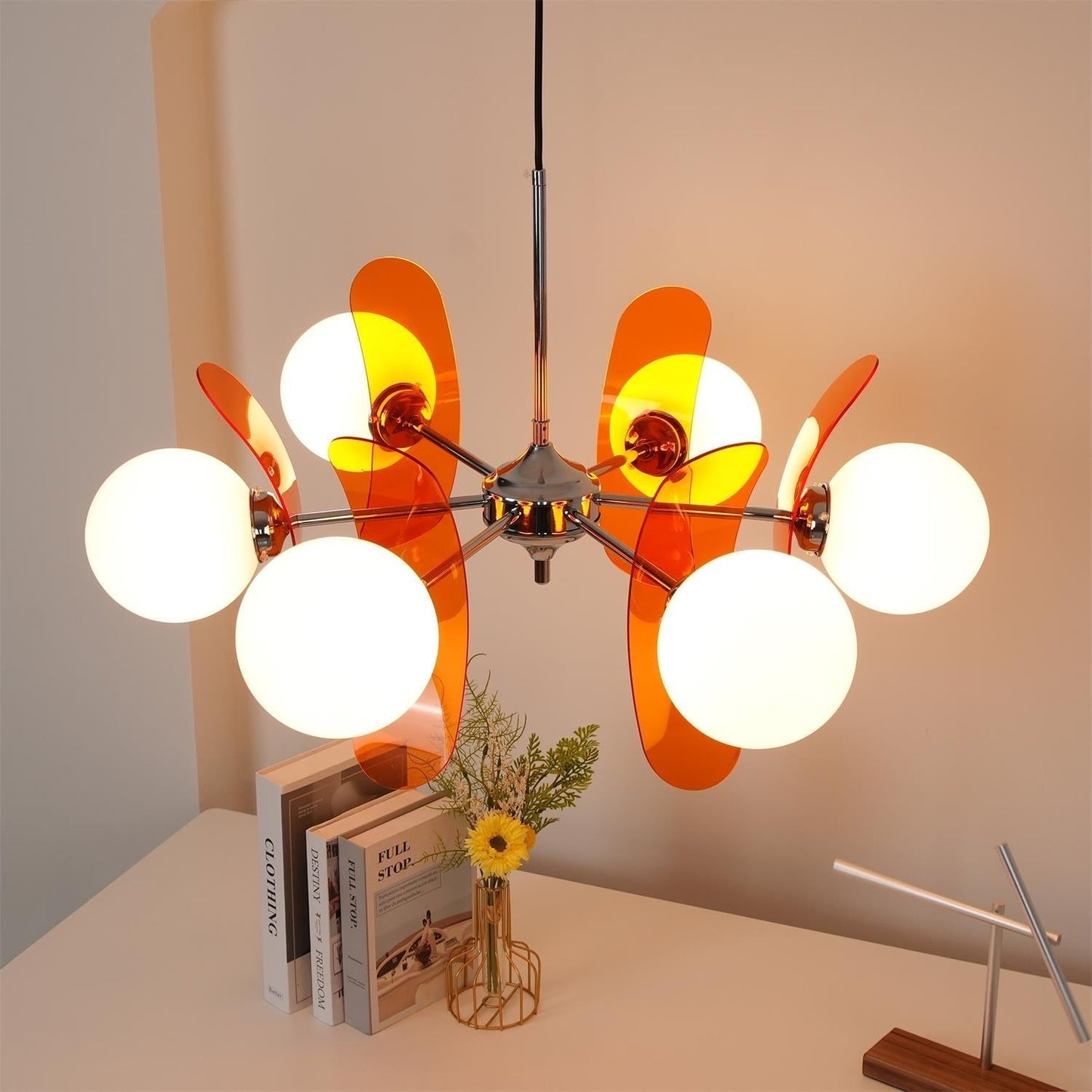 Suspension Oranvéra | Douille E26/E27 IP20 | Fleur Verre & Métal Chrome Brun/Orange