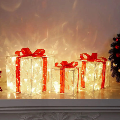 Éclat de Noël Geschenkbox Licht | LED Weihnachtsdeko mit roter Schleife